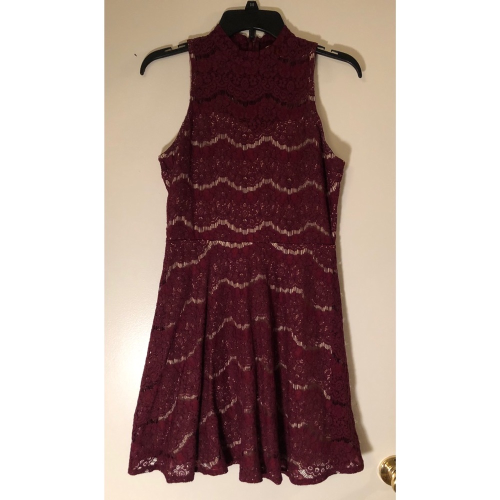 Maroon High Neck Lace Dress